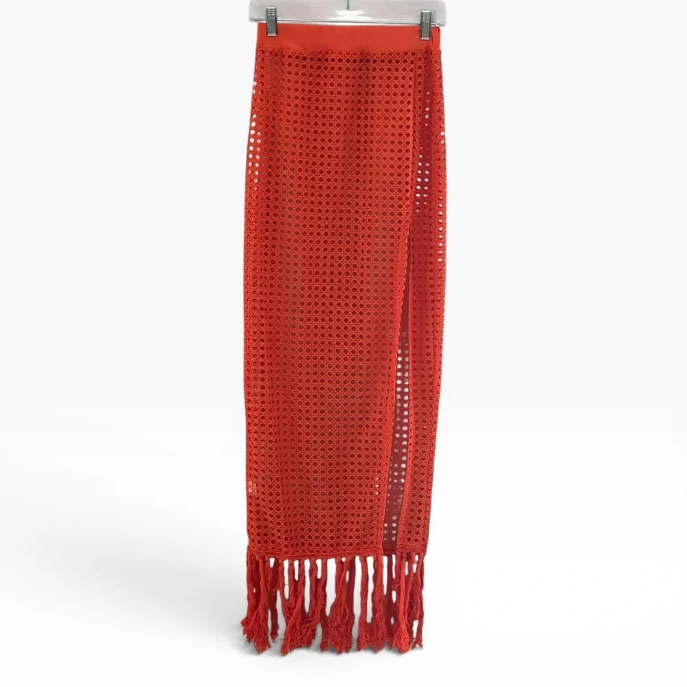 Orange Crochet Maxi Skirt Fringe Side Slit Boho Beach Cover Up S Cane Weave